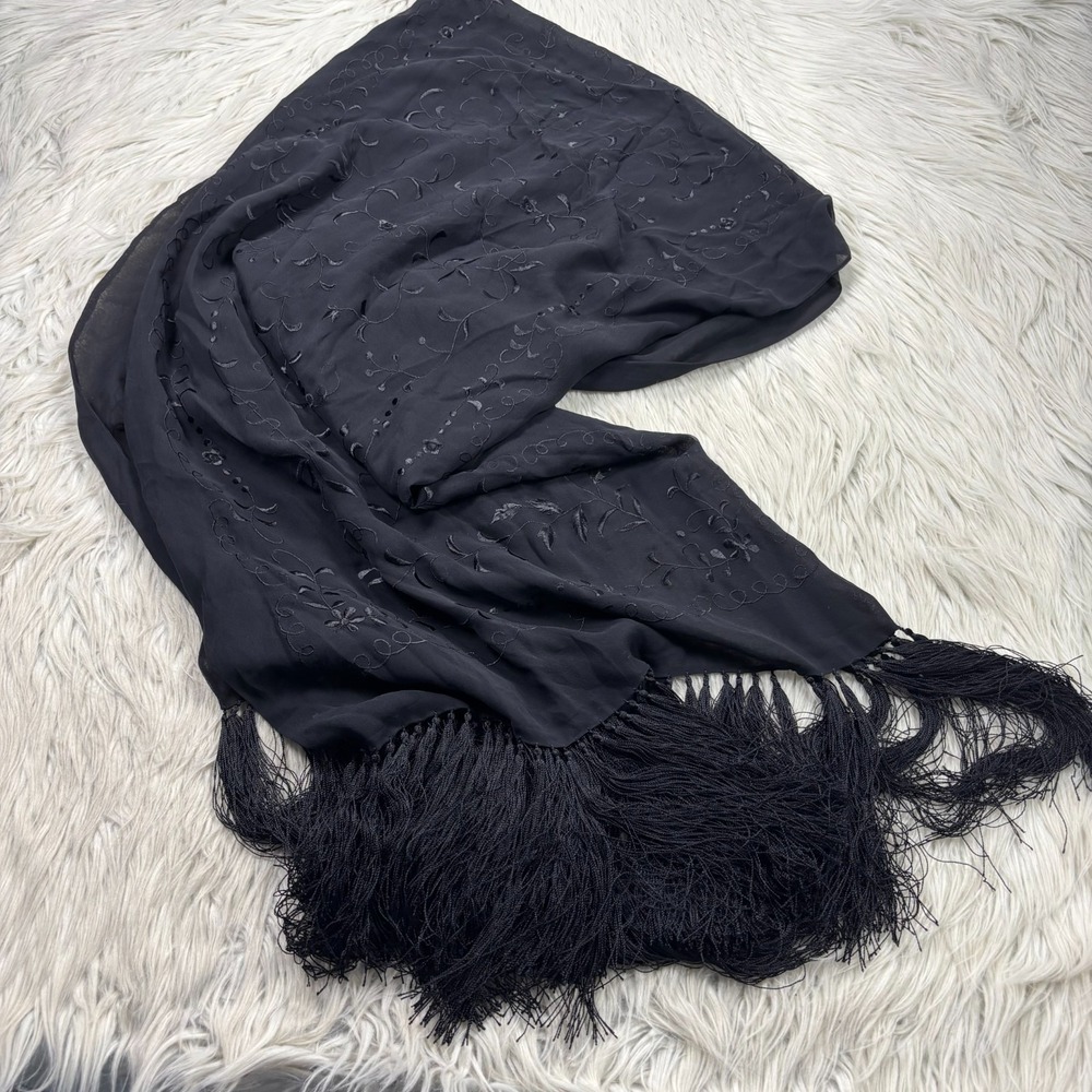 Unbranded Black Floral Embroidered Sheer Wrap Shawl Fringe Goth Wimsigoth Vamp